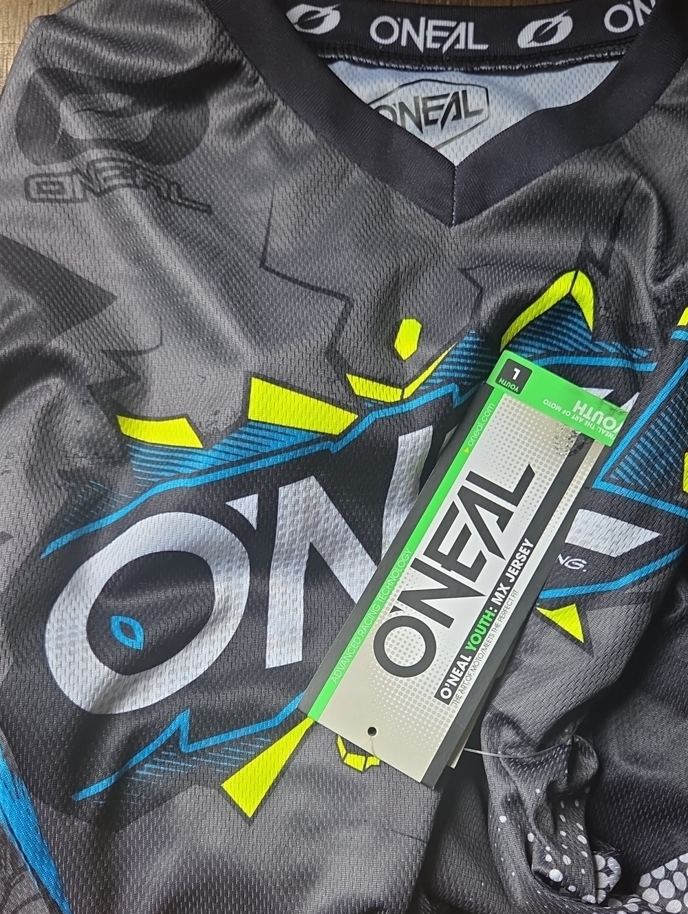 O'Neal Youth Large Black MX Jersey with Blue and Neon Yellow Accents